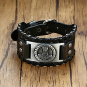 Bracelet Viking La Manche Courte de Mjolnir Cuir et Alliage de Haute Qualité / Noir / Ajustable