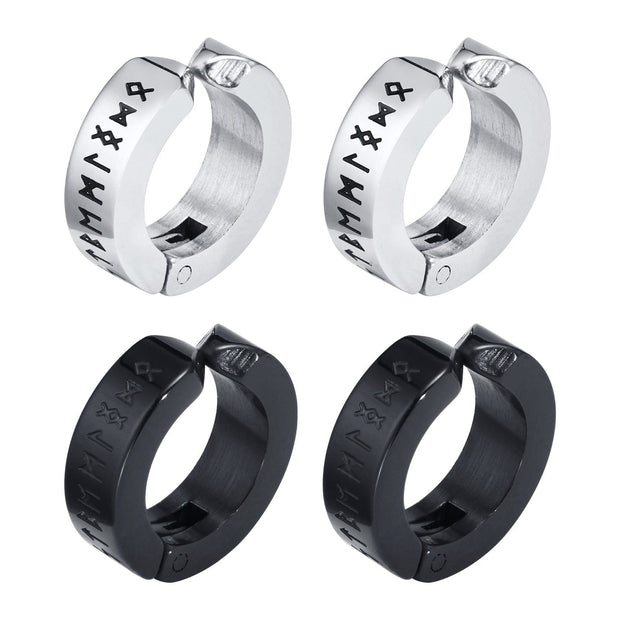 Clip d'Oreilles Viking Runes Ancestrales Acier Inoxydable de Haute Qualité / 4mm*13mm / 1 paire noir et 1 paire argent